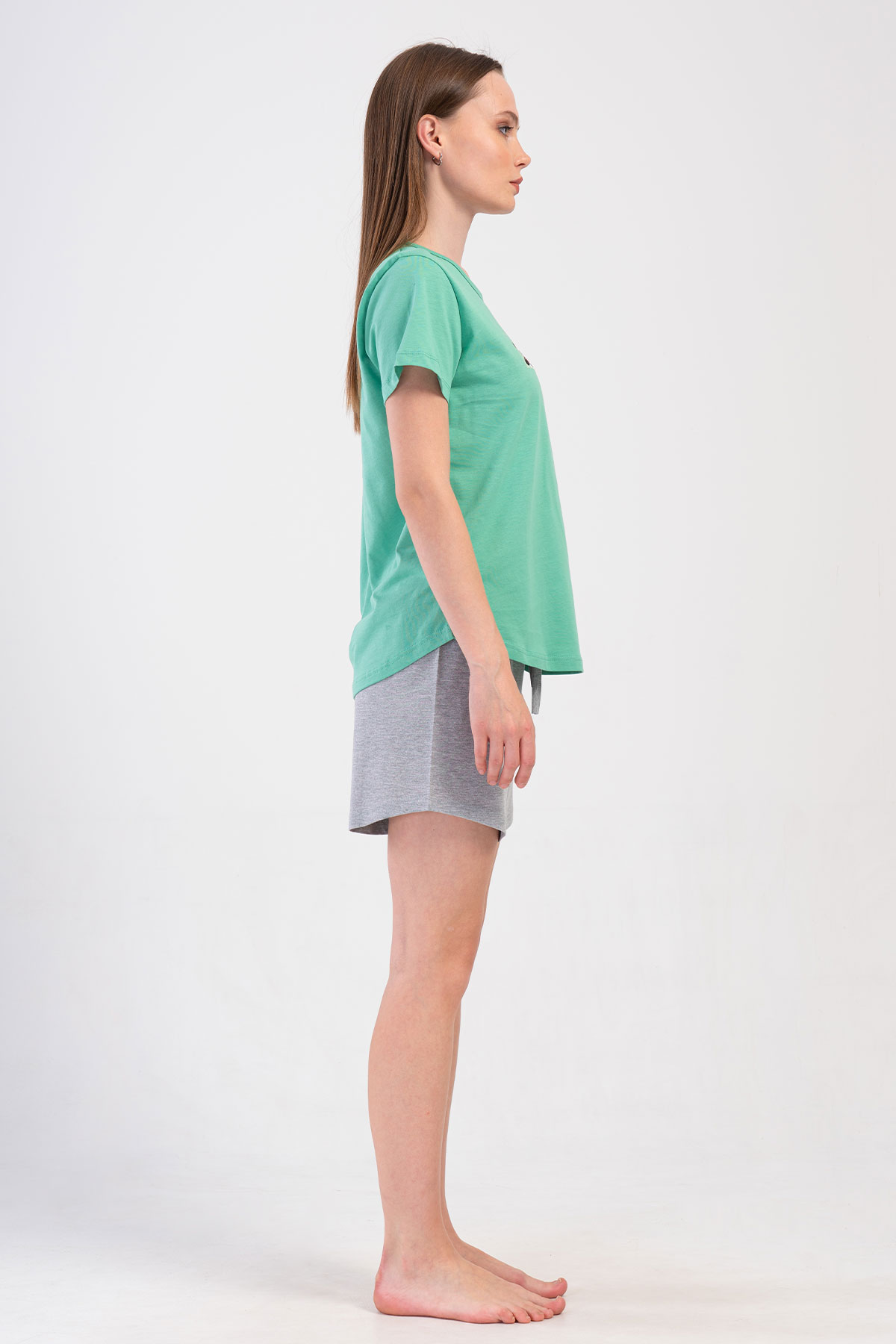 Pınarca Kadın Şortlu Takım Kısa Kollu Pamuklu Bisiklet Yaka Panda Desenli - Mint Yeşili - Thumbnail