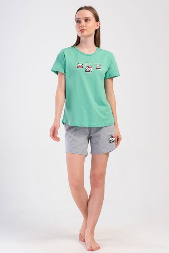 PINARCA EV GİYİM - Pınarca Kadın Şortlu Takım Kısa Kollu Pamuklu Bisiklet Yaka Panda Desenli - Mint Yeşili