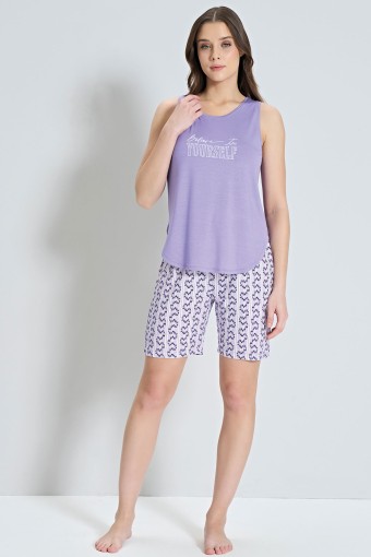 PINARCA EV GİYİM - Pınarca Kadın Şortlu Takım Sıfır Kollu Alt Desenli - Lila