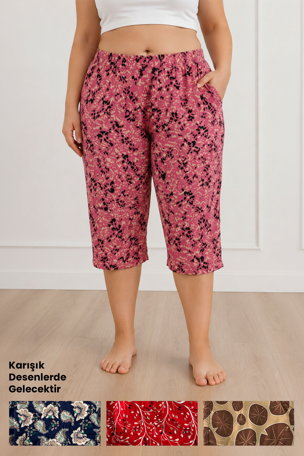 Pınarca Kadın Tek Alt Pijama Dokuma Kapri Büyük Beden Desenli - Thumbnail