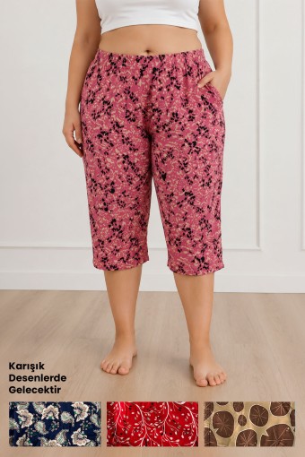 PINARCA TEK ALT - Pınarca Kadın Tek Alt Pijama Dokuma Kapri Büyük Beden Desenli