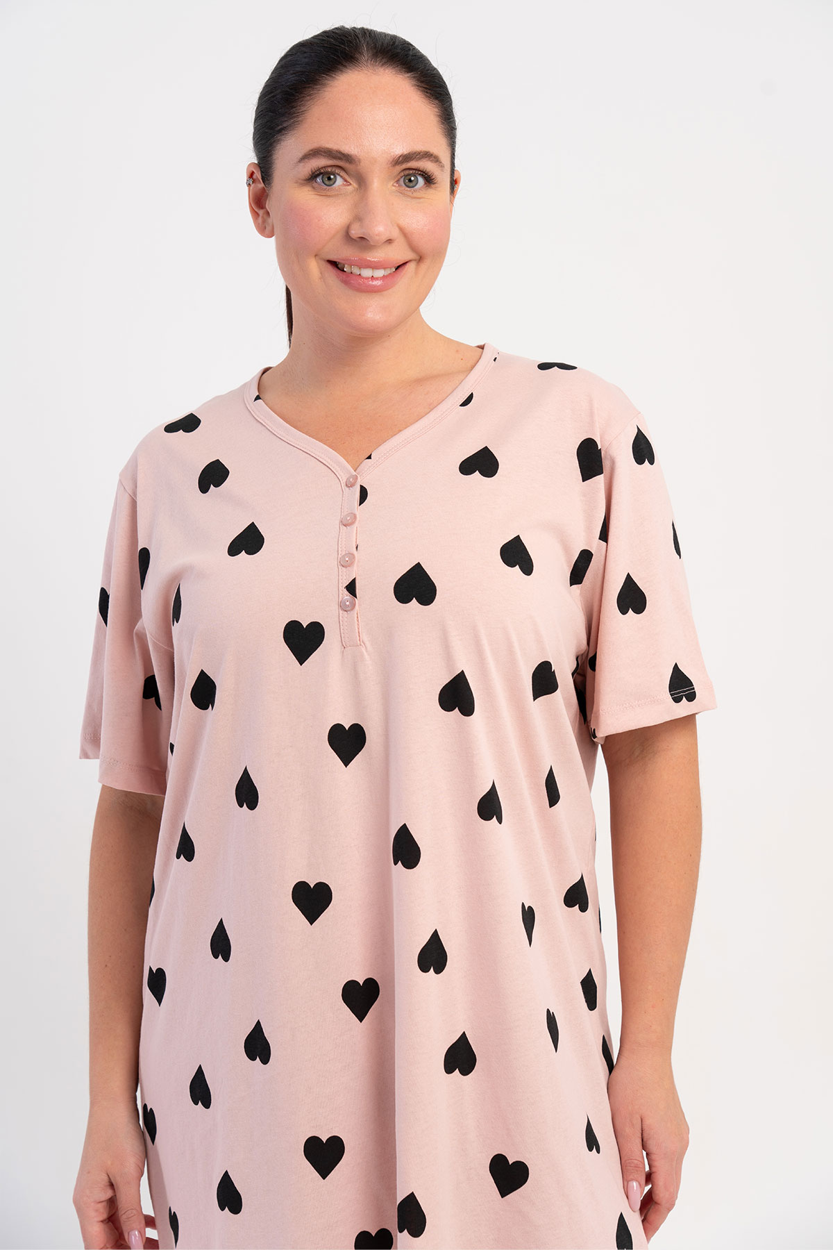 Pınarca Kadın Tunik Kısa Kollu Büyük Beden Pamuklu Yaka Düğmeli Kalpli - Açık Pembe - Thumbnail