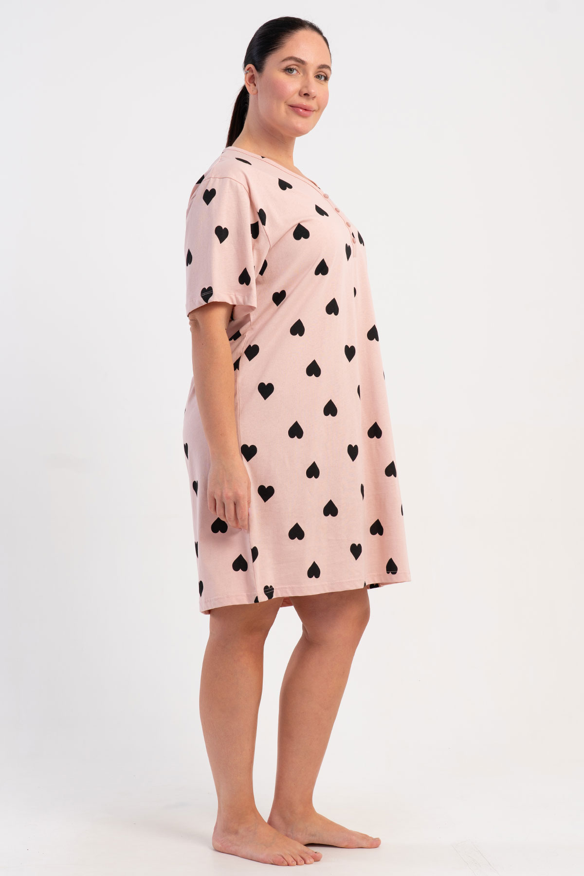 Pınarca Kadın Tunik Kısa Kollu Büyük Beden Pamuklu Yaka Düğmeli Kalpli - Açık Pembe - Thumbnail