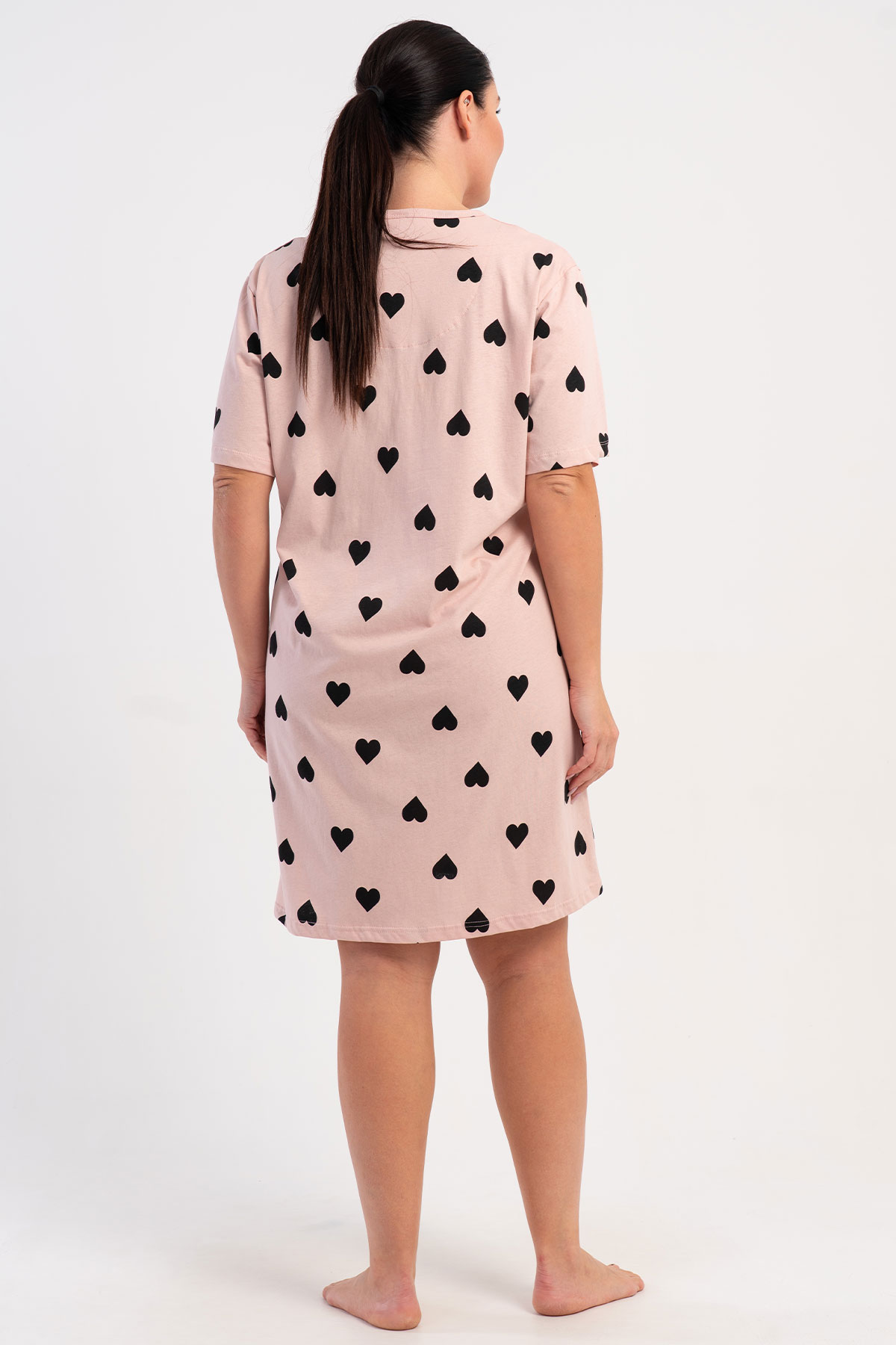 Pınarca Kadın Tunik Kısa Kollu Büyük Beden Pamuklu Yaka Düğmeli Kalpli - Açık Pembe - Thumbnail