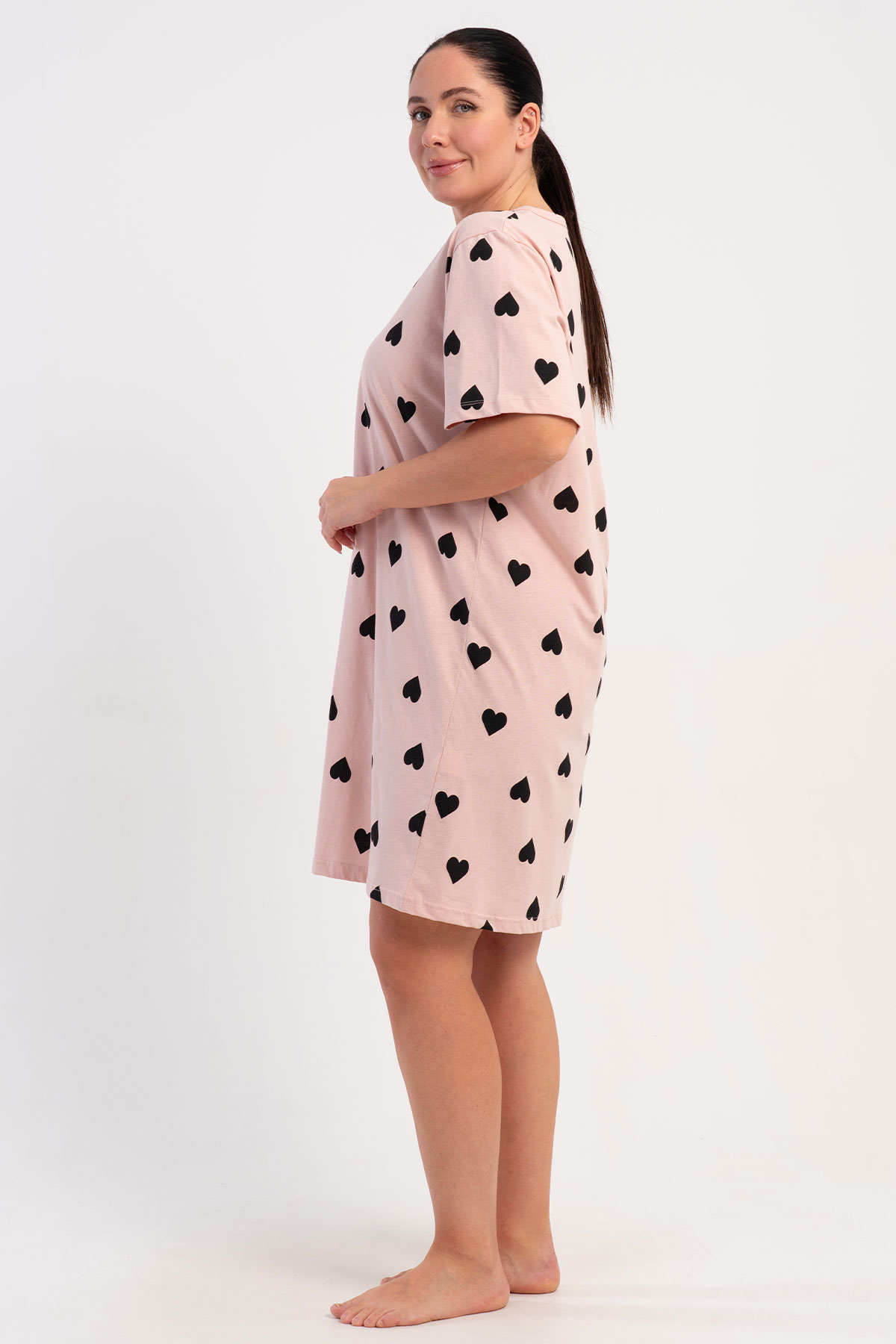 Pınarca Kadın Tunik Kısa Kollu Büyük Beden Pamuklu Yaka Düğmeli Kalpli - Açık Pembe - Thumbnail