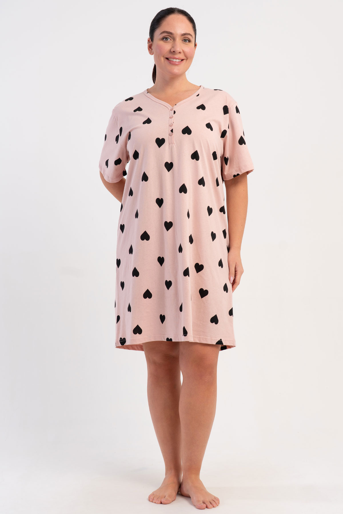 Pınarca Kadın Tunik Kısa Kollu Büyük Beden Pamuklu Yaka Düğmeli Kalpli - Açık Pembe - Thumbnail