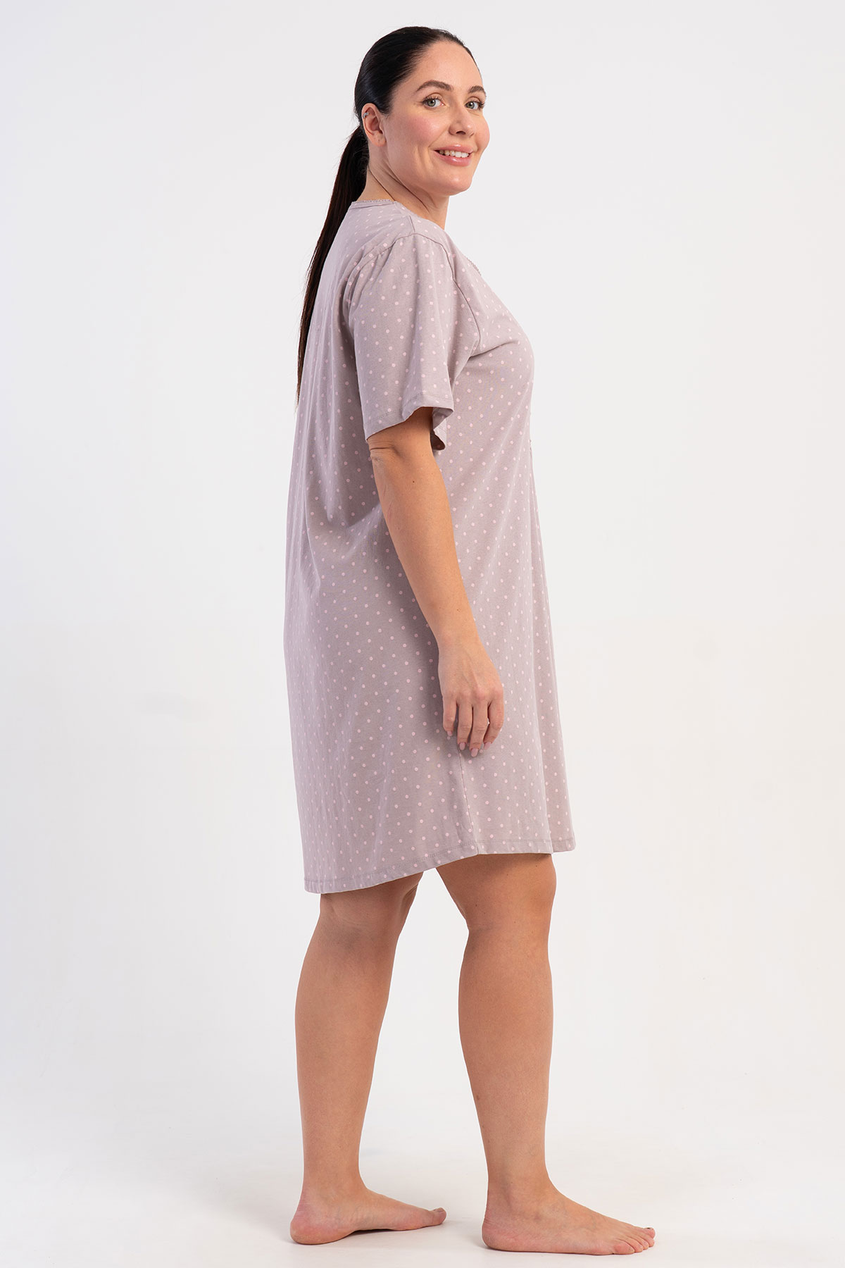 Pınarca Kadın Tunik Kısa Kollu Büyük Beden Pamuklu Yaka Düğmeli Puantiyeli - Açık Kahve - Thumbnail