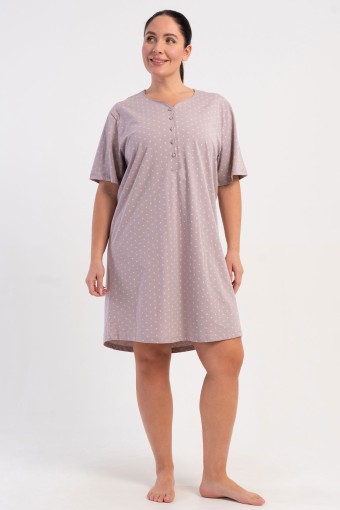 PINARCA EV GİYİM - Pınarca Kadın Tunik Kısa Kollu Büyük Beden Pamuklu Yaka Düğmeli Puantiyeli - Açık Kahve