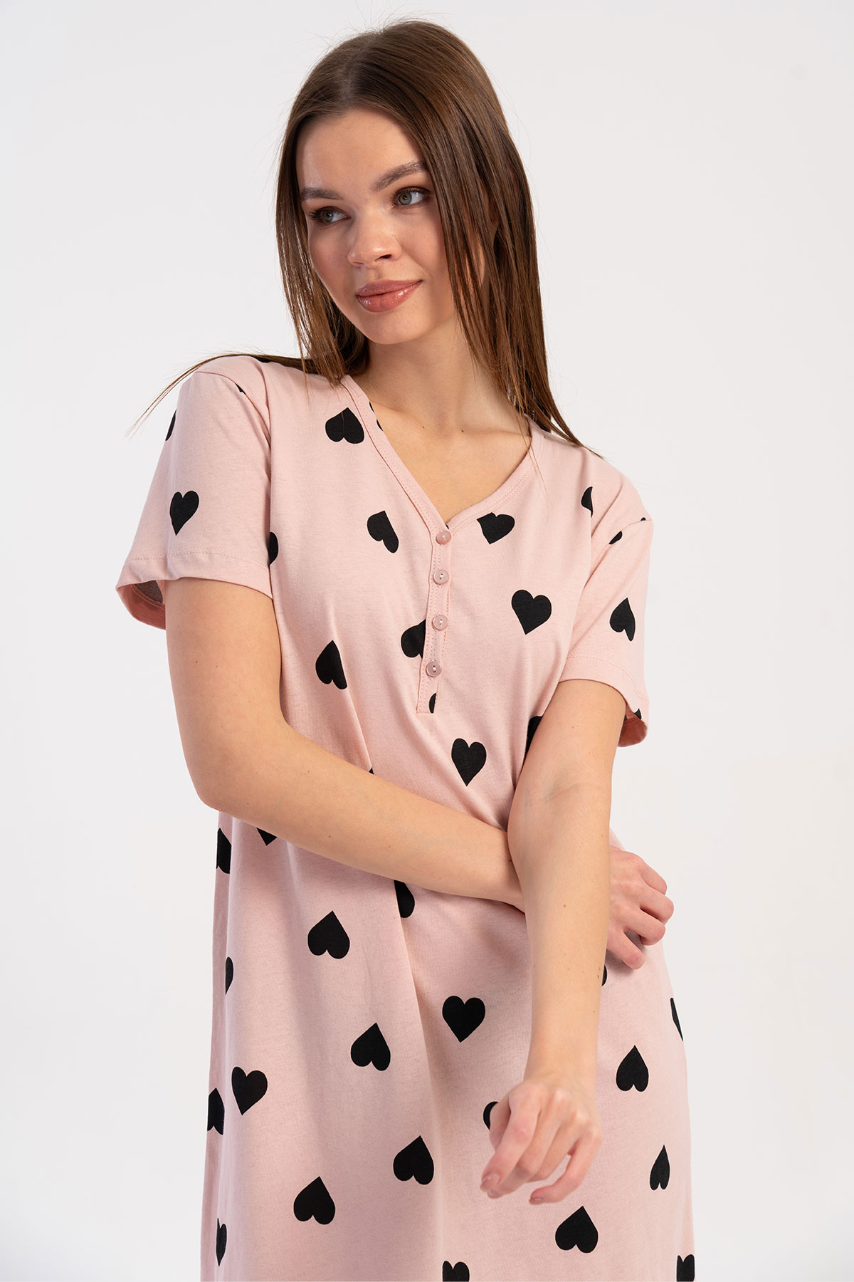 Pınarca Kadın Tunik Kısa Kollu Pamuklu Yaka Düğmeli Kalp Desenli - Açık Pembe - Thumbnail