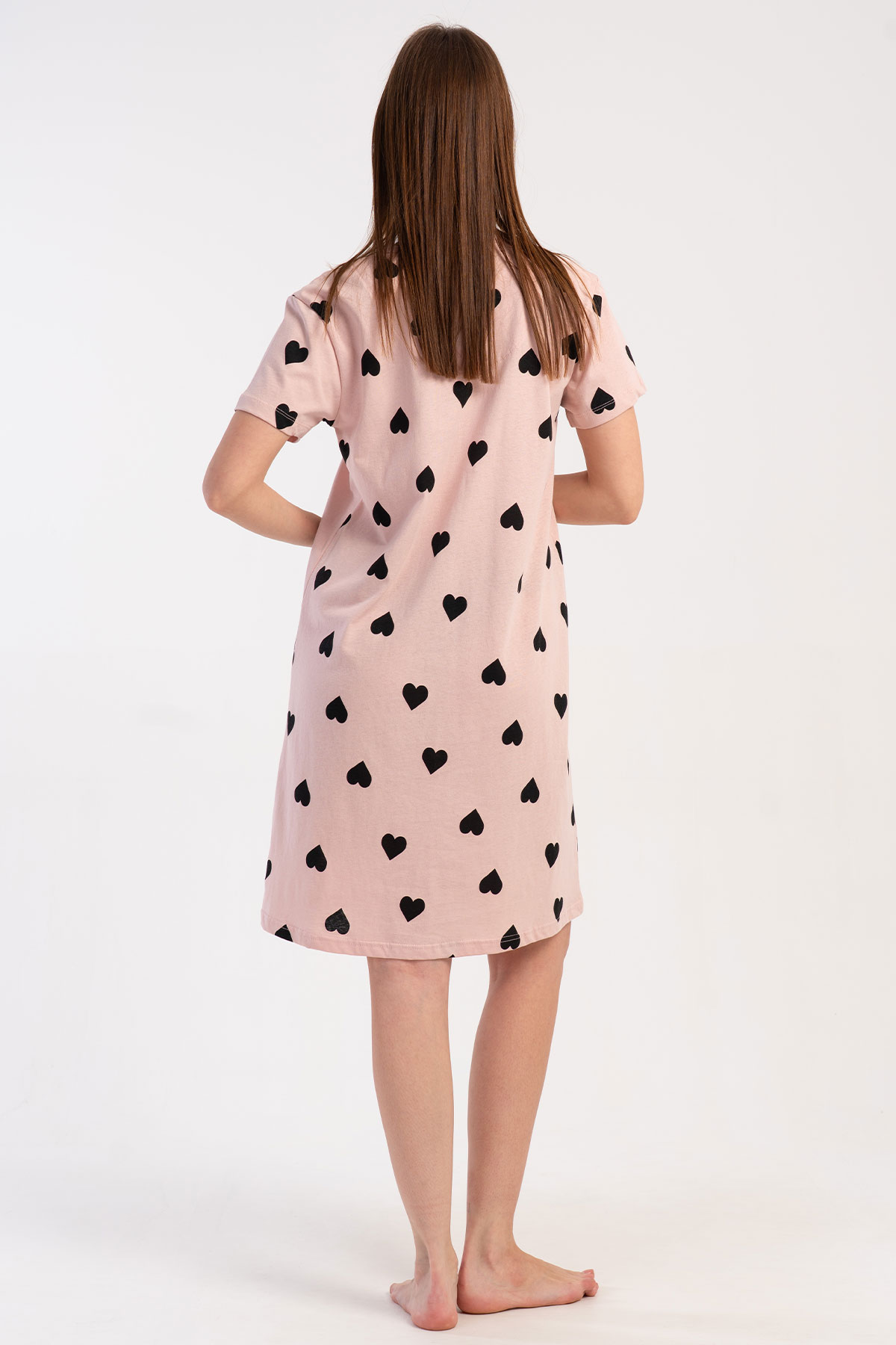 Pınarca Kadın Tunik Kısa Kollu Pamuklu Yaka Düğmeli Kalp Desenli - Açık Pembe - Thumbnail