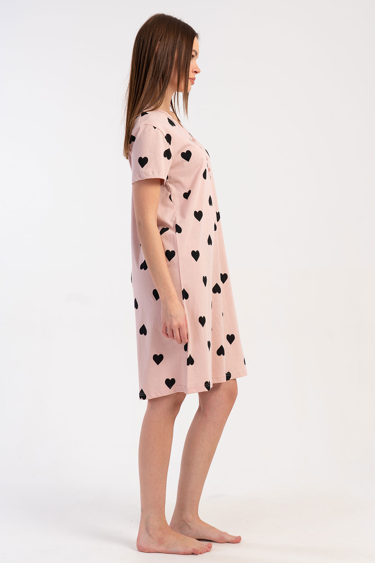 Pınarca Kadın Tunik Kısa Kollu Pamuklu Yaka Düğmeli Kalp Desenli - Açık Pembe - Thumbnail