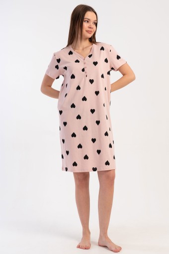 PINARCA EV GİYİM - Pınarca Kadın Tunik Kısa Kollu Pamuklu Yaka Düğmeli Kalp Desenli - Açık Pembe