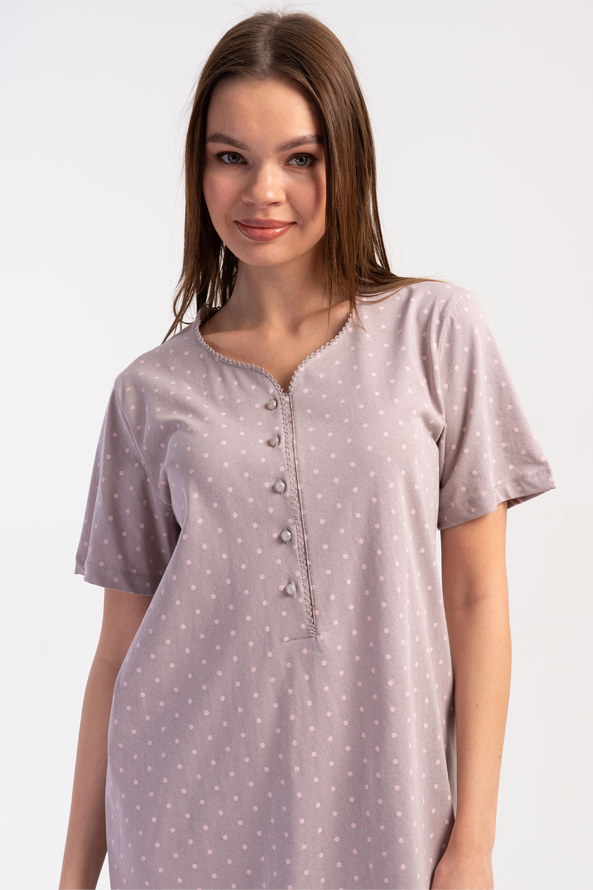 Pınarca Kadın Tunik Kısa Kollu Pamuklu Yaka Düğmeli Puantiyeli - Açık Kahve - Thumbnail