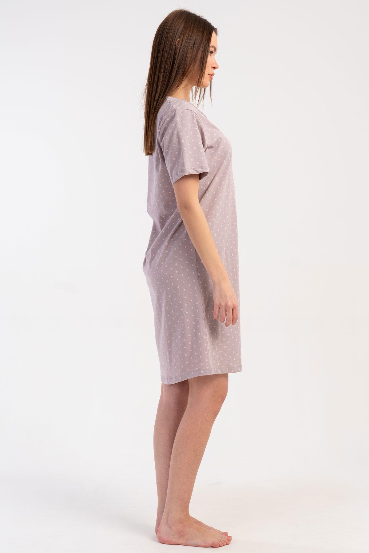 Pınarca Kadın Tunik Kısa Kollu Pamuklu Yaka Düğmeli Puantiyeli - Açık Kahve - Thumbnail