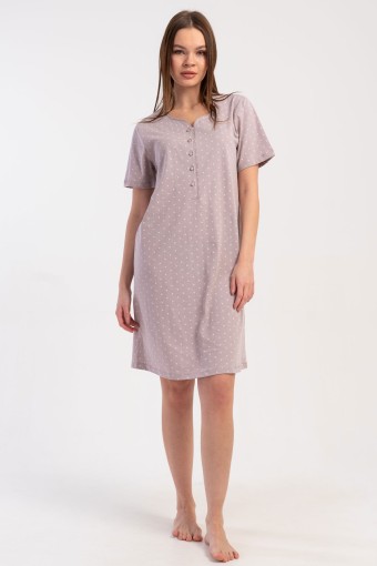 PINARCA EV GİYİM - Pınarca Kadın Tunik Kısa Kollu Pamuklu Yaka Düğmeli Puantiyeli - Açık Kahve