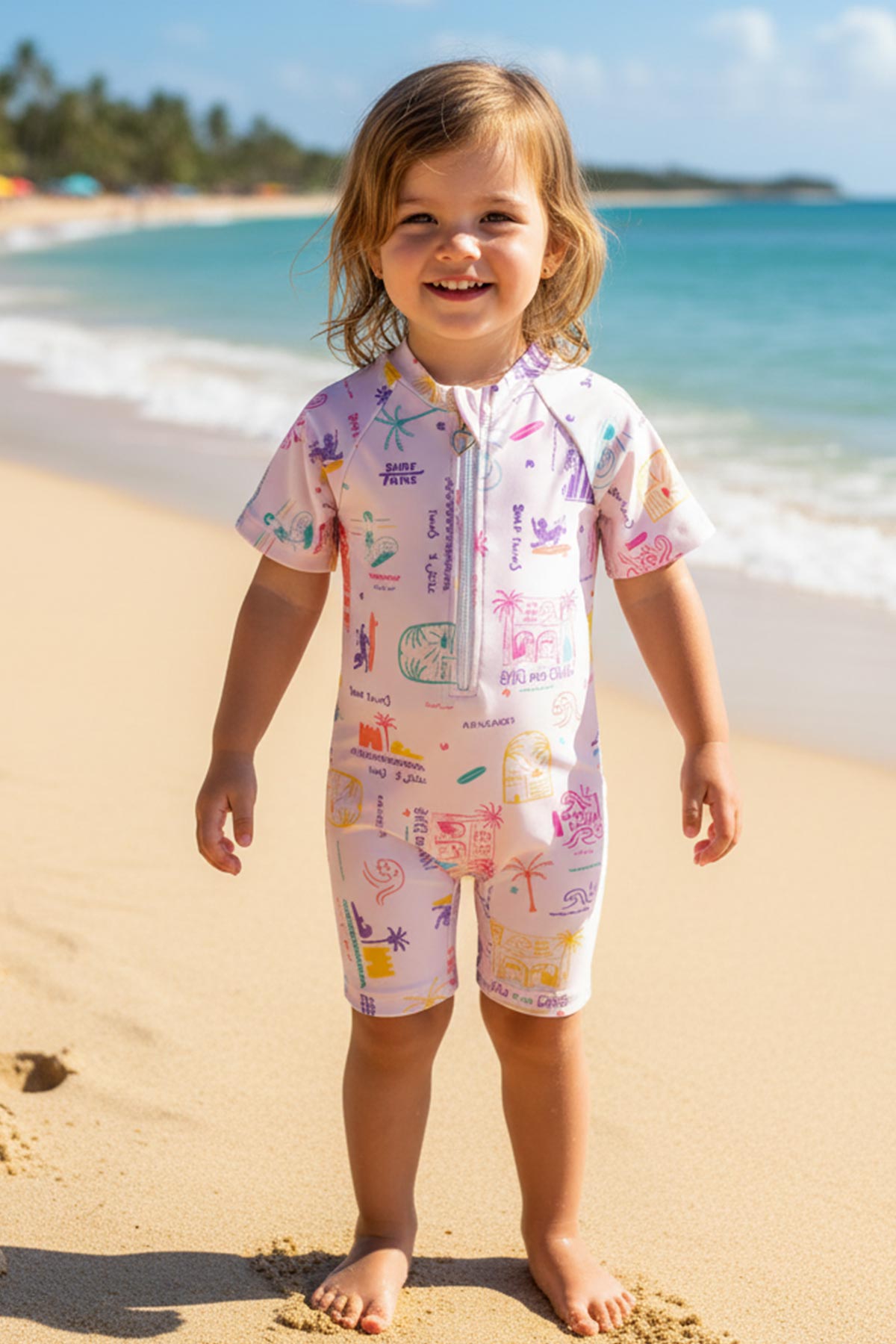 Pınarca Kız Bebek Tulum Mayo Kısa Kol Desenli Yarım Fermuarlı - Pembe - Thumbnail