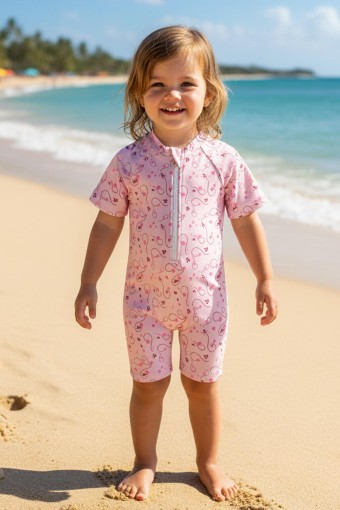 PINARCA PLAJ - Pınarca Kız Bebek Tulum Mayo Kısa Kol Desenli Yarım Fermuarlı - Pembe