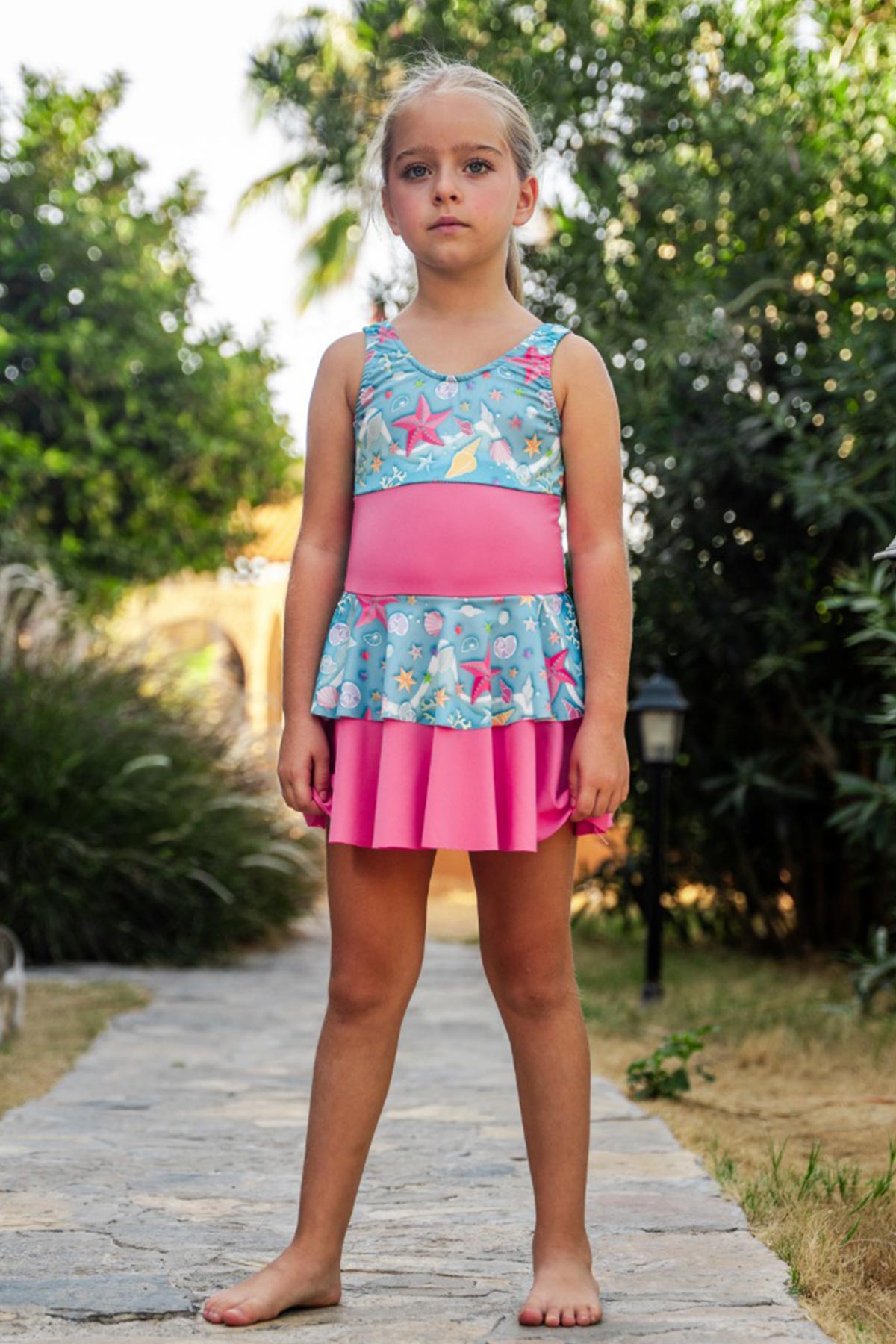 Pınarca Kız Çocuk Elbise Mayo Kalın Askılı Deniz Yıldızı Baskılı - Pembe - Thumbnail