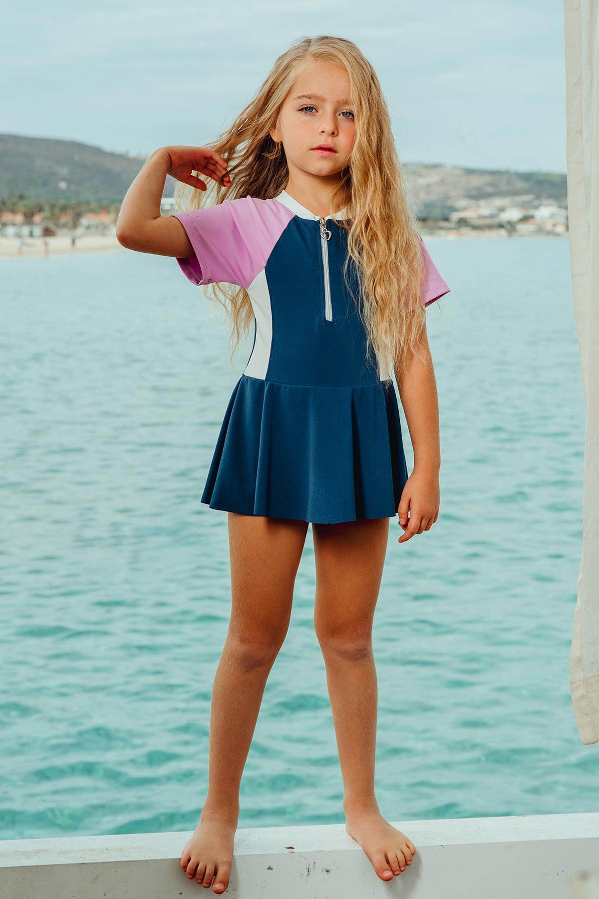 Pınarca Kız Çocuk Elbise Mayo Kısa Kollu Yarım Fermuarlı Sporcu - Lacivert - Thumbnail