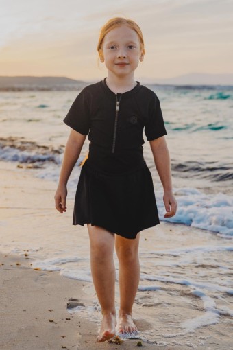 PINARCA PLAJ - Pınarca Kız Çocuk Elbise Mayo Kısa Kollu Yarım Fermuarlı Sporcu - Siyah