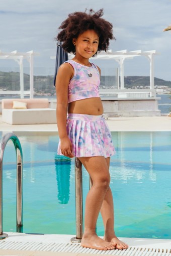 PINARCA PLAJ - Pınarca Kız Çocuk Etekli Mayo Kalın Askılı Crop Sporcu Batik - Çok Renkli
