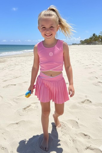 PINARCA PLAJ - Pınarca Kız Çocuk Etekli Mayo Kalın Askılı Crop Sporcu Bel Biyeli - Pembe