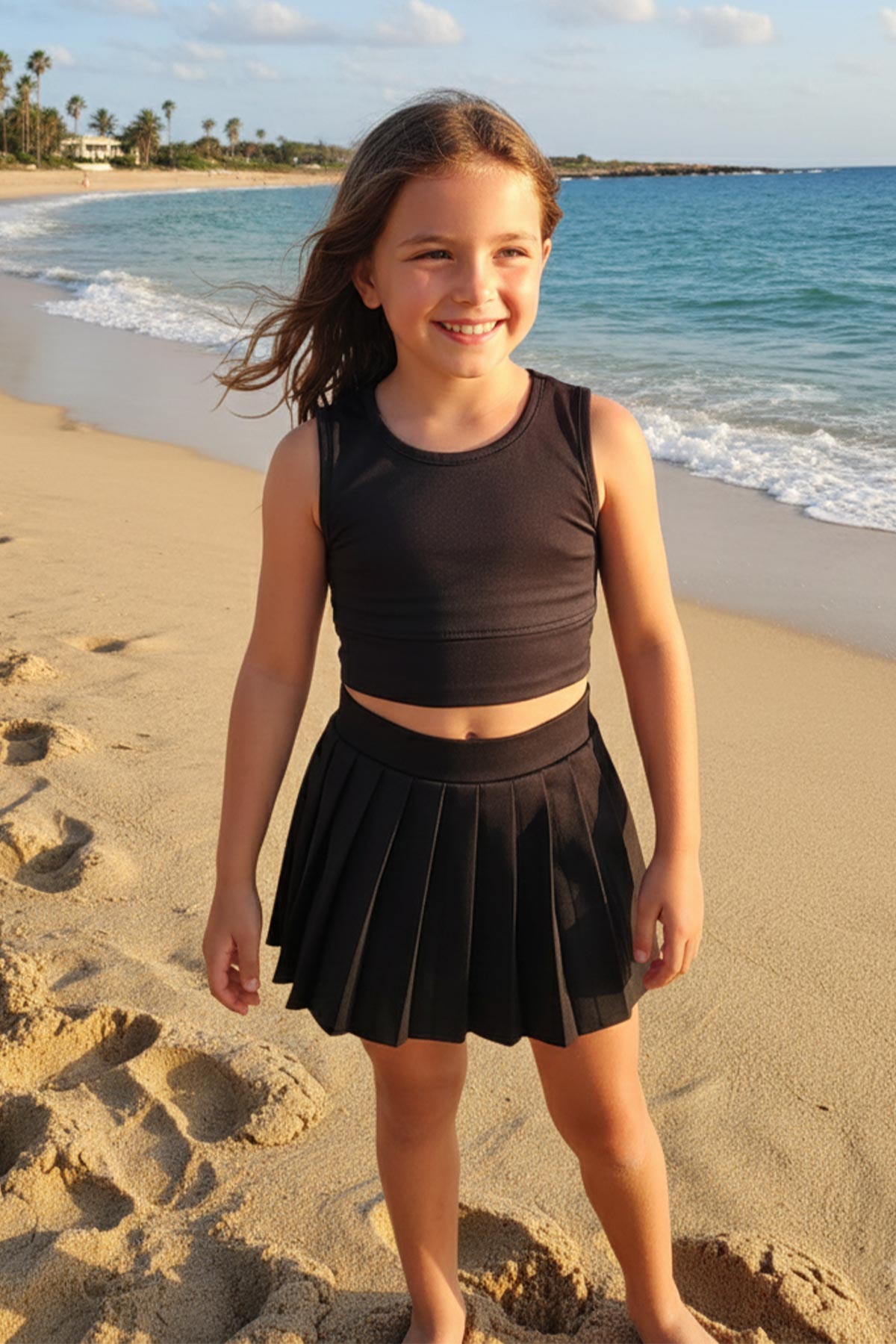 Pınarca Kız Çocuk Etekli Mayo Kalın Askılı Crop Sporcu - Siyah - Thumbnail