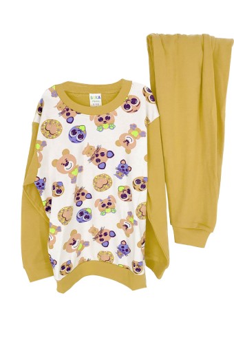 PINARCA EV GİYİM - Pınarca Kız Çocuk Kedi Köpek Desenli Pijama Takımı - Sarı