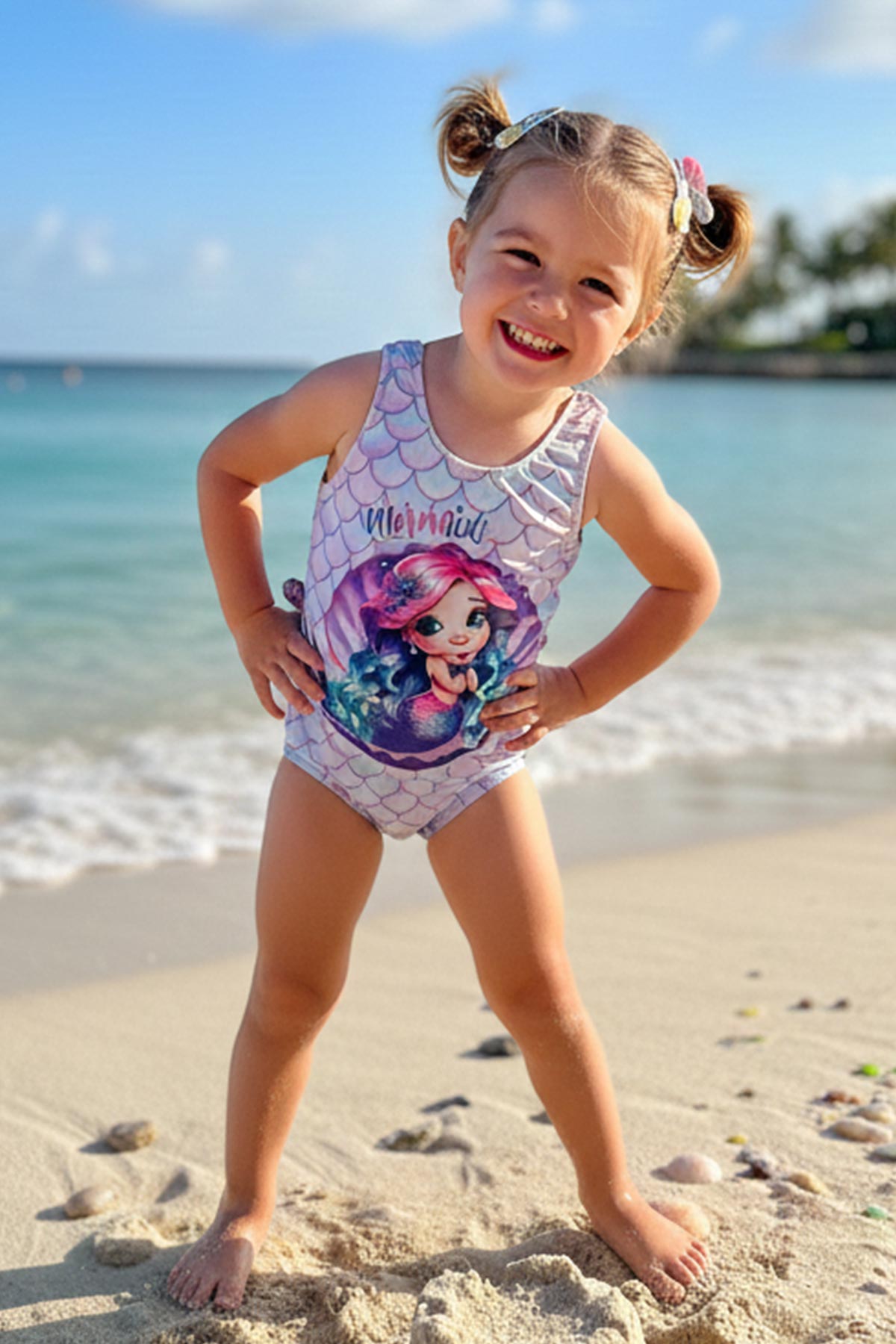 Pınarca Kız Çocuk Mayo Deniz Kızı Baskılı - Lila - Thumbnail