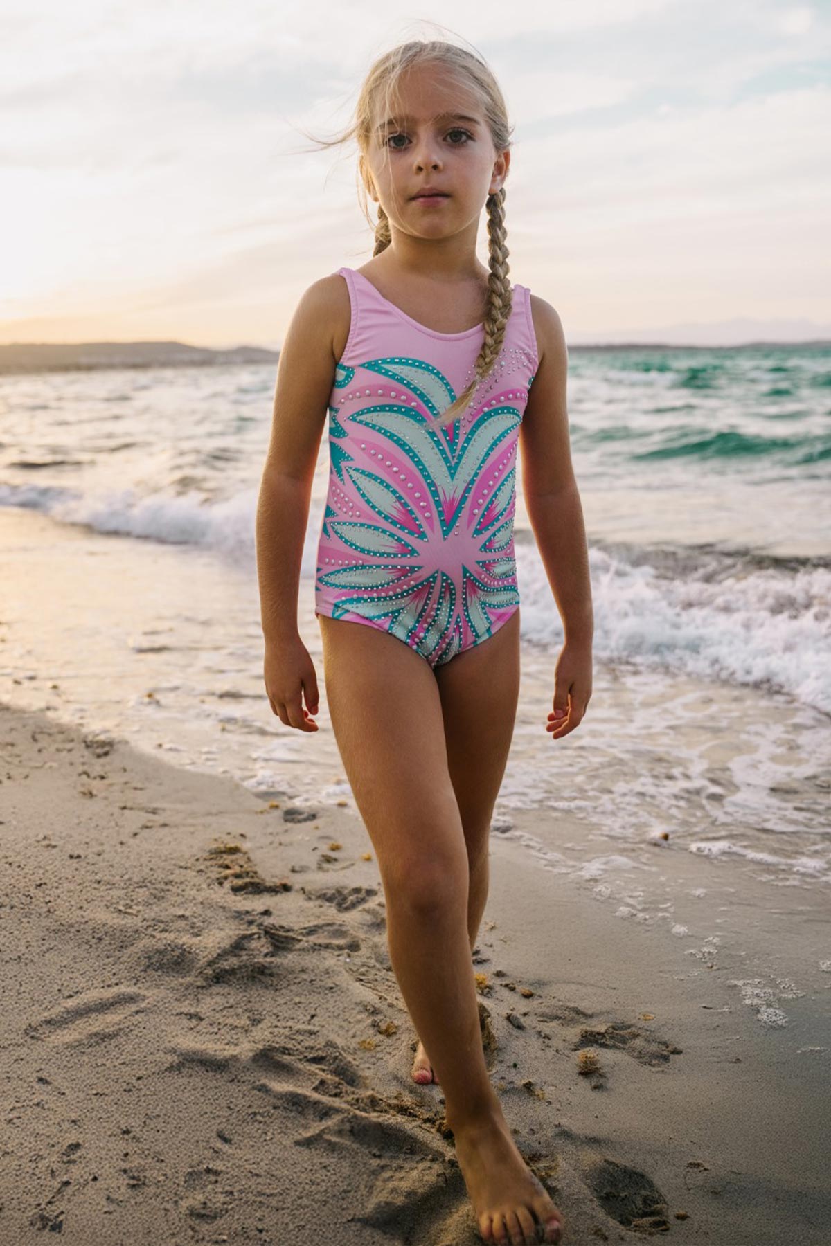 Pınarca Kız Çocuk Mayo Desenli Taşlı - Pembe - Thumbnail