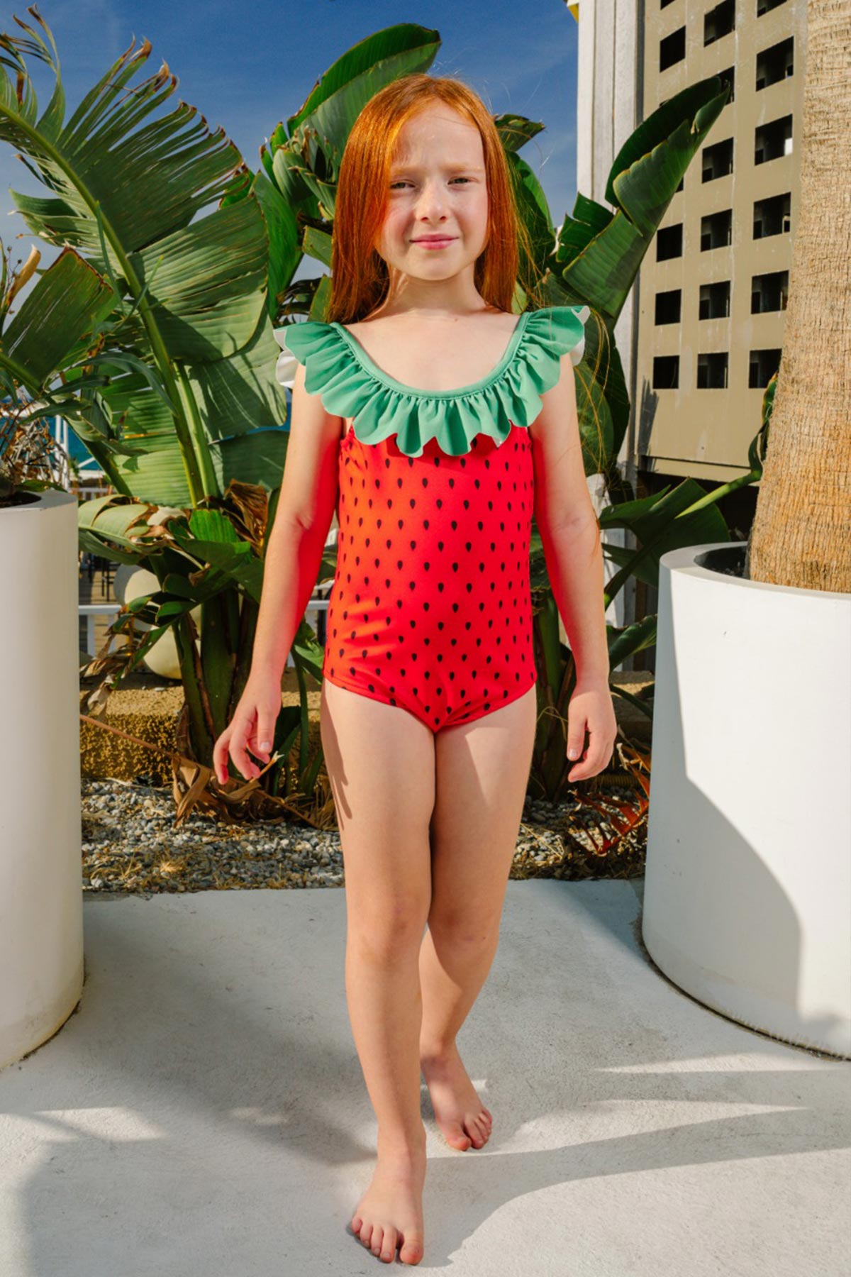 Pınarca Kız Çocuk Mayo Fırfırlı Yaka Karpuz Desenli - Kırmızı - Thumbnail