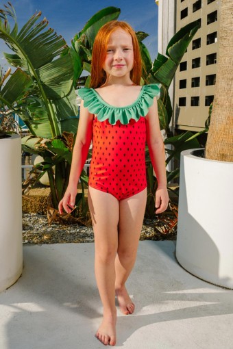 PINARCA PLAJ - Pınarca Kız Çocuk Mayo Fırfırlı Yaka Karpuz Desenli - Kırmızı