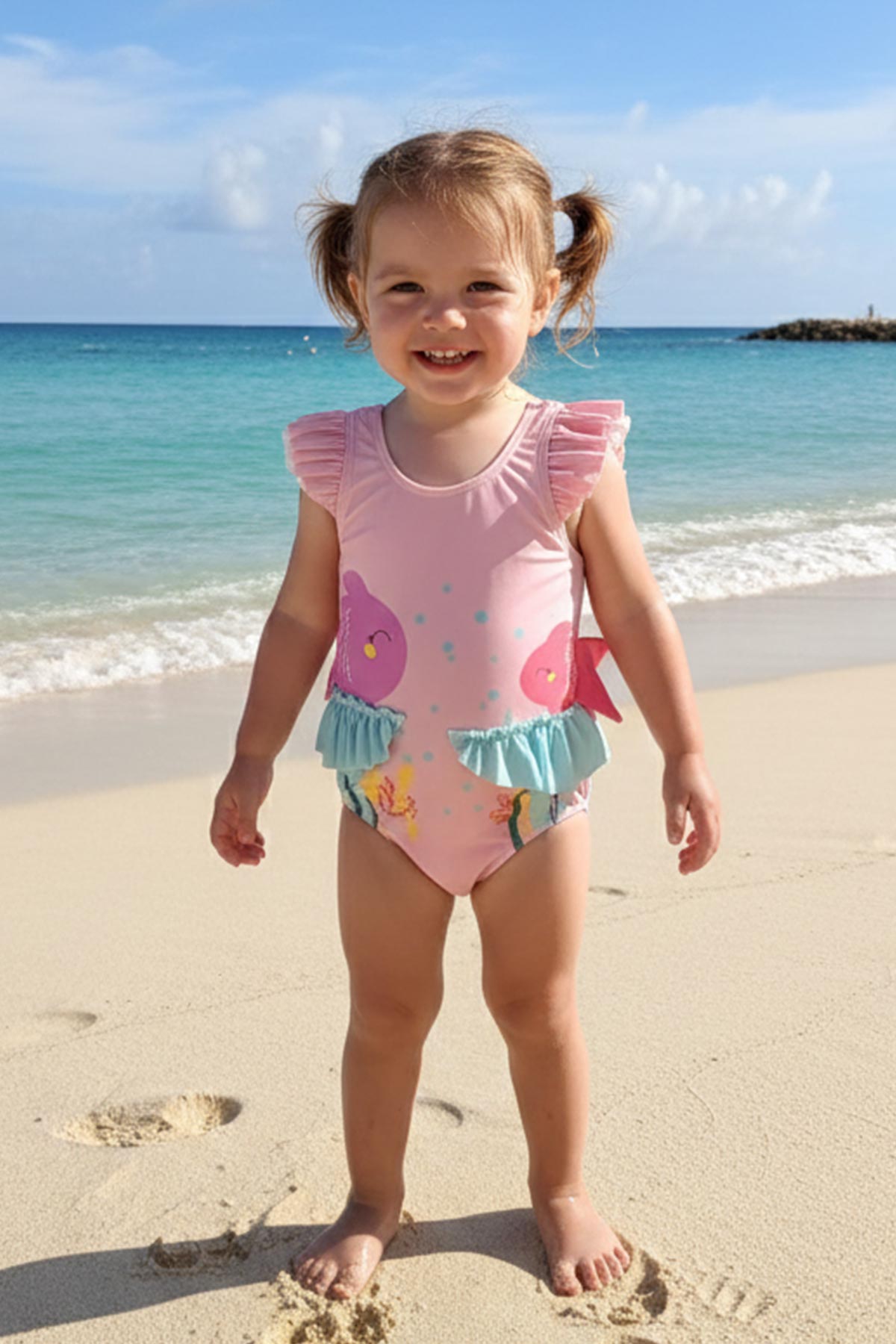 Pınarca Kız Çocuk Mayo Kol Ve Beli Fırfırlı Balık Baskılı - Pembe - Thumbnail