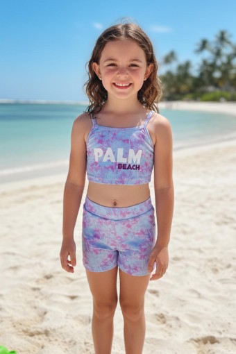 PINARCA PLAJ - Pınarca Kız Çocuk Şortlu Mayo İp Askılı Crop Palm Yazılı - Açık Mor