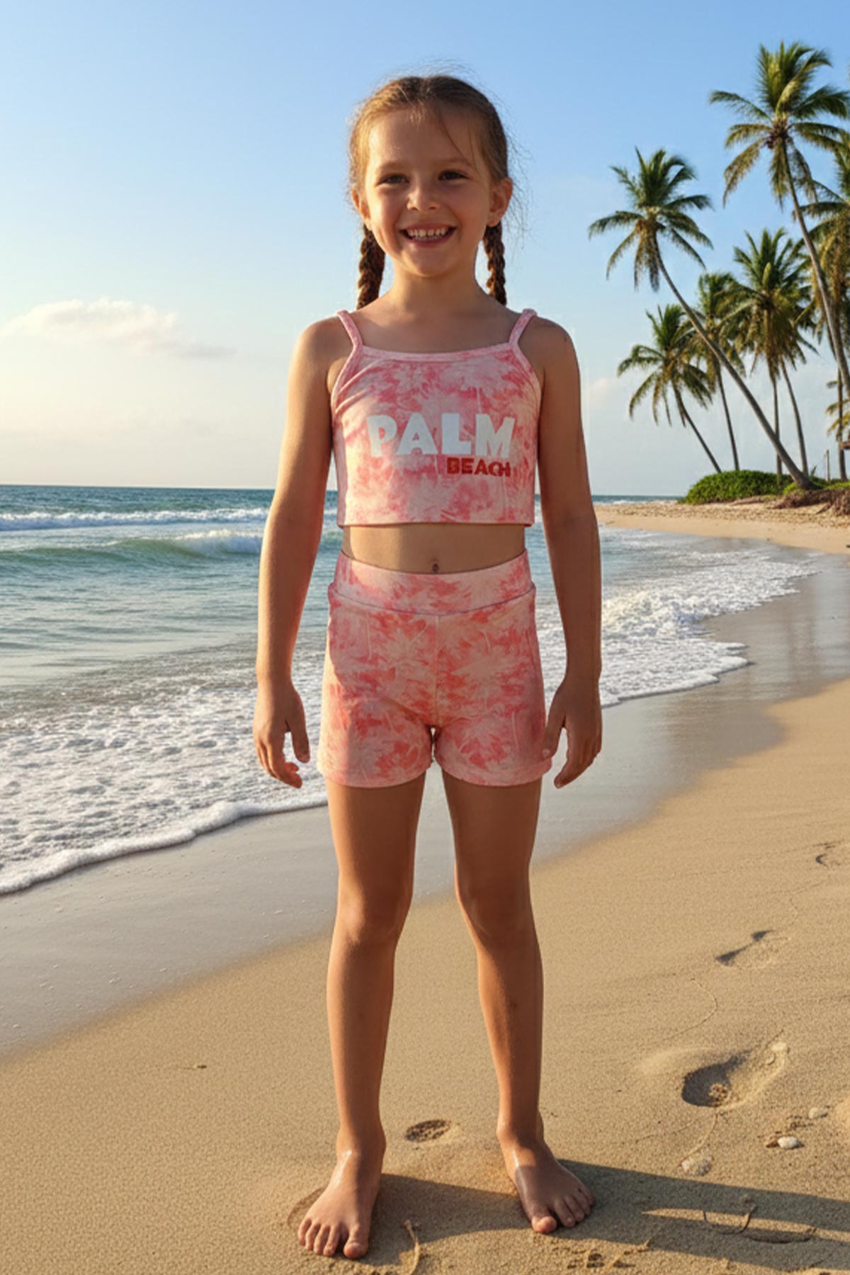 Pınarca Kız Çocuk Şortlu Mayo İp Askılı Crop Palm Yazılı - Somon - Thumbnail
