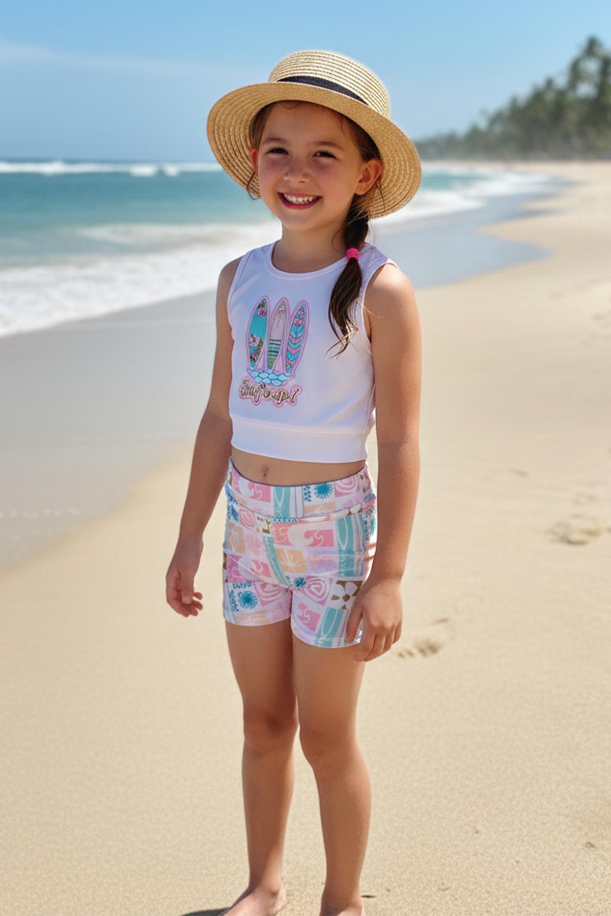 Pınarca Kız Çocuk Şortlu Mayo Kalın Askılı Surf Baskılı - Beyaz - Thumbnail