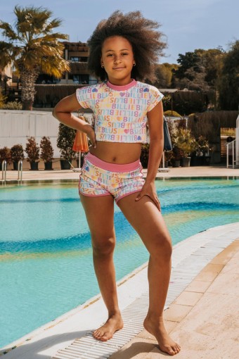 PINARCA PLAJ - Pınarca Kız Çocuk Şortlu Mayo Kısa Kollu Crop Yazılı - Çok Renkli