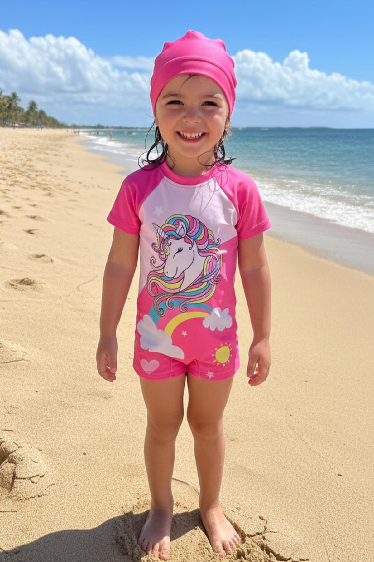 Pınarca Kız Çocuk Tulum Mayo Kısa Kol Unicorn Desenli - Fuşya - Thumbnail