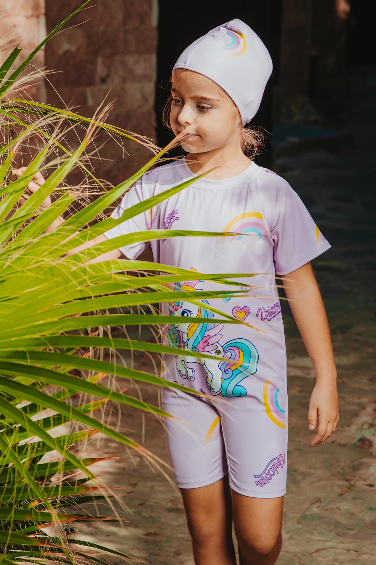 Pınarca Kız Çocuk Tulum Mayo Kısa Kol Unicorn Desenli - Lila - Thumbnail