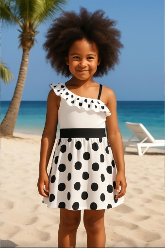 PINARCA PLAJ - Pınarca Kız Garson Elbise Mayo Puantiyeli Fırfırlı Yaka - Beyaz