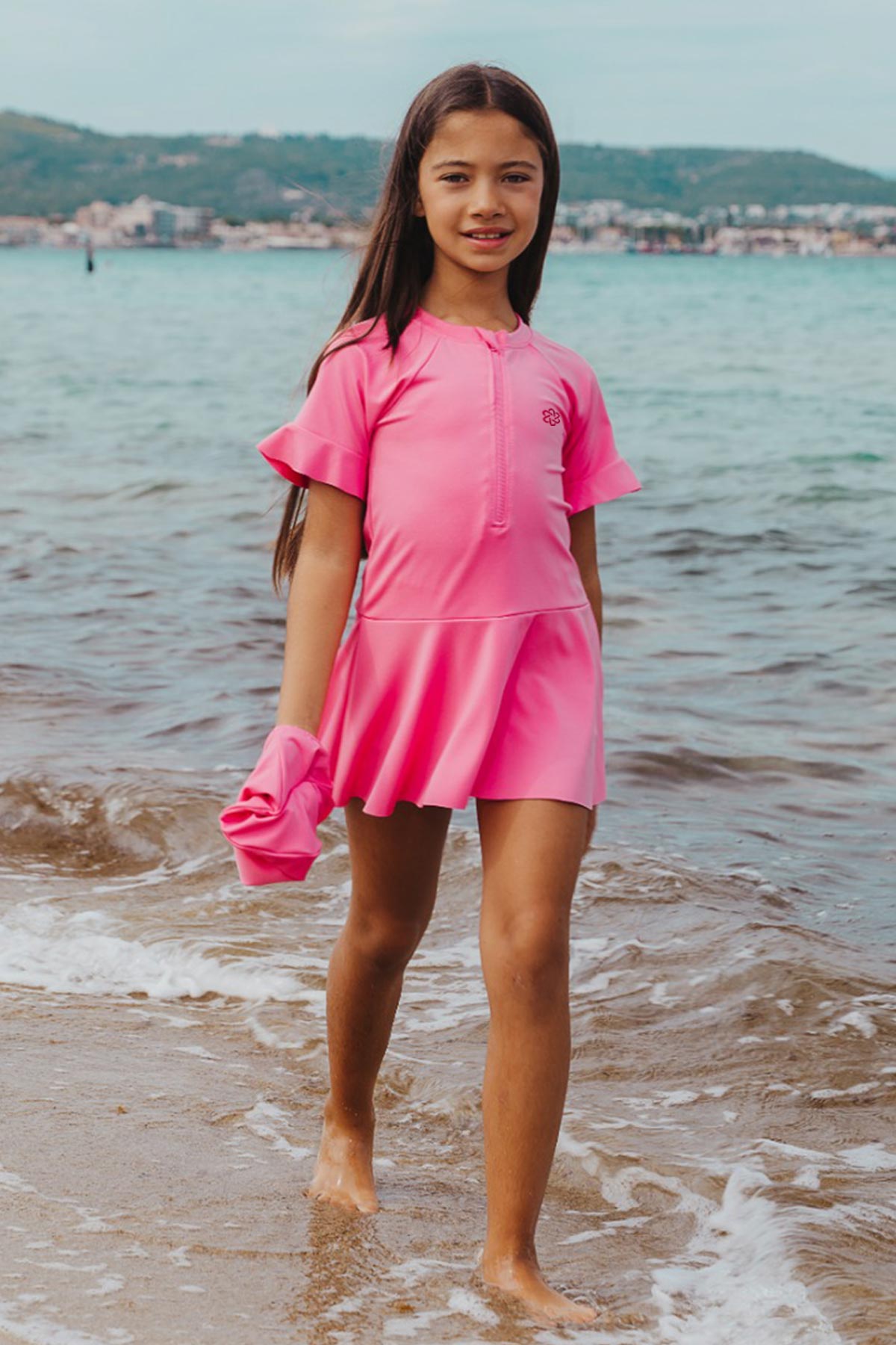 Pınarca Kız Garson Yarı Kapalı Mayo Kısa Kollu Yarım Fermuarlı - Pembe - Thumbnail