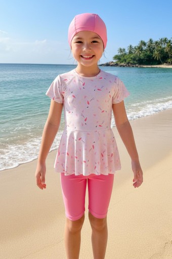 PINARCA PLAJ - Pınarca Kız Garson Yarı Kapalı Mayo Taytlı Kısa Kollu Desenli - Açık Pembe