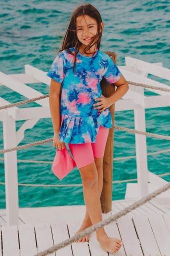 PINARCA PLAJ - Pınarca Kız Garson Yarı Kapalı Mayo Taytlı Kısa Kollu Desenli - Mavi