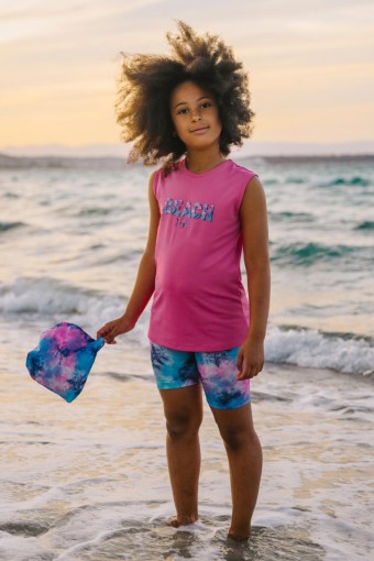 PINARCA PLAJ - Pınarca Kız Garson Yarı Kapalı Mayo Taytlı Sıfır Kollu Beach Yazılı - Fuşya