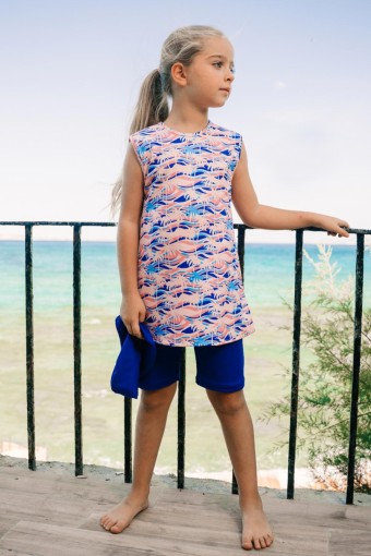 PINARCA PLAJ - Pınarca Kız Garson Yarı Kapalı Mayo Taytlı Sıfır Kollu Desenli - Çok Renkli