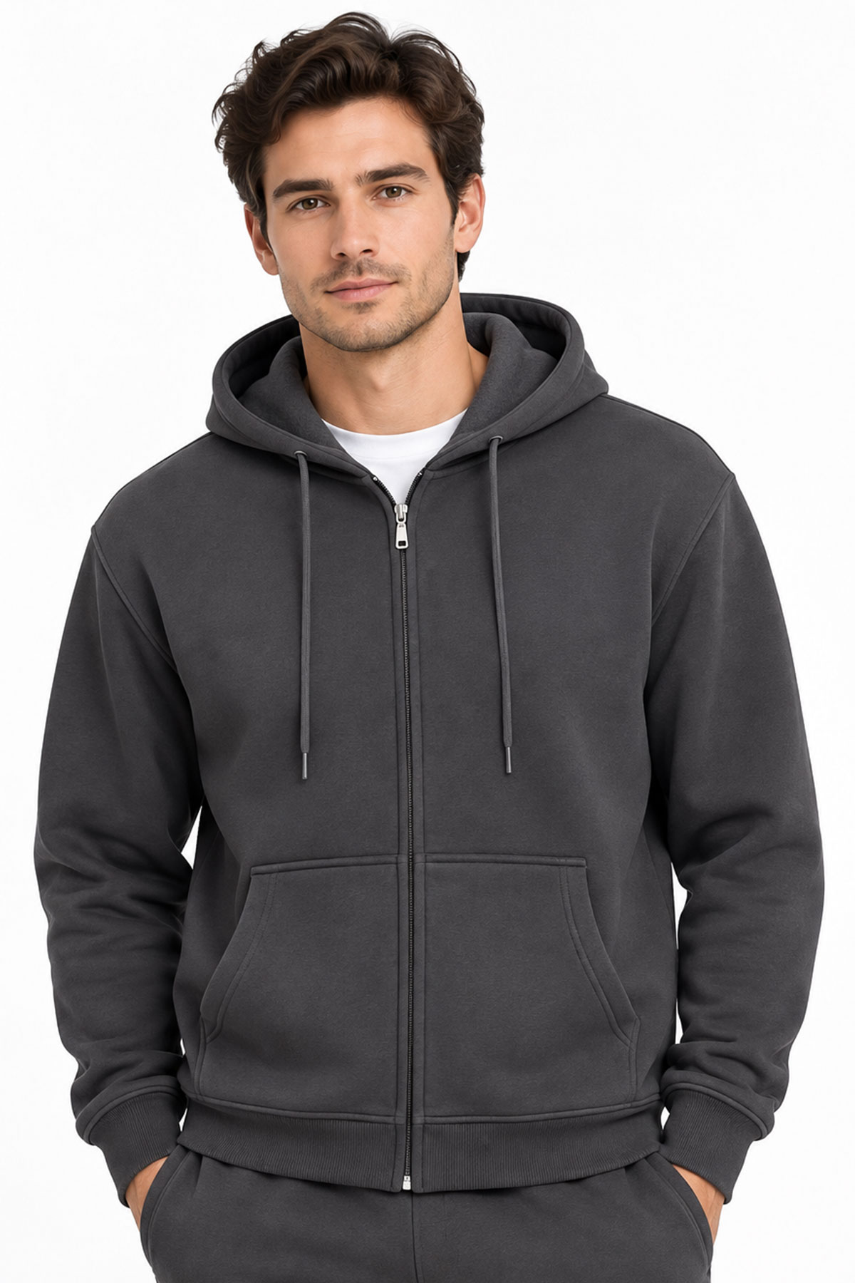 Pogi Erkek Kapşonlu Sweatshirt Fermuarlı - Antrasit - Thumbnail