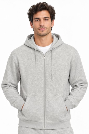 POGI - Pogi Erkek Kapşonlu Sweatshirt Fermuarlı - Gri