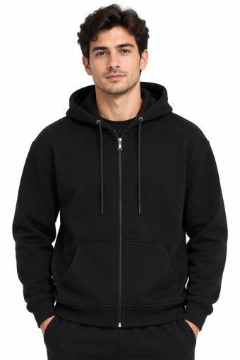 POGI - Pogi Erkek Kapşonlu Sweatshirt Fermuarlı - Siyah