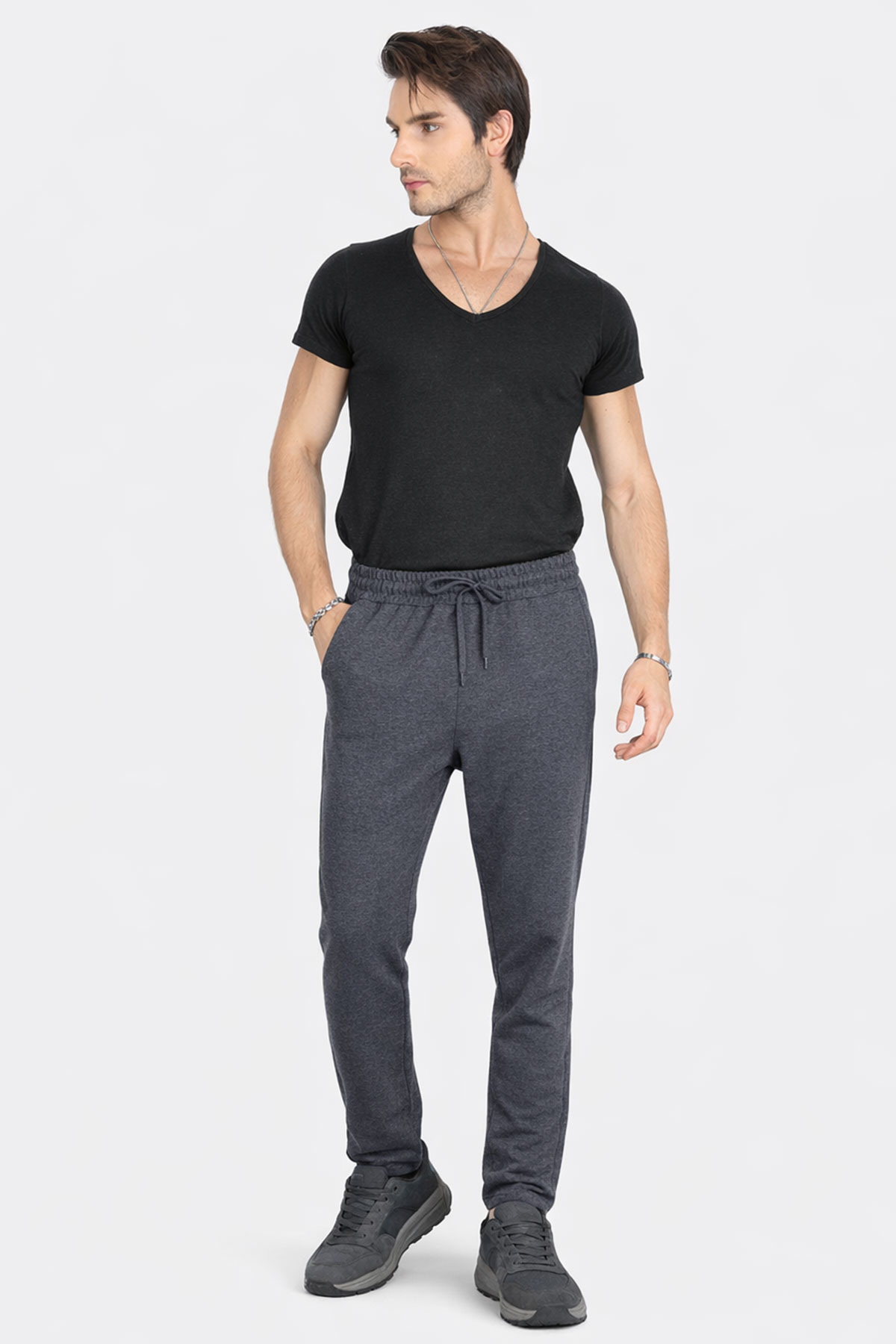 Pogi Erkek Tek Alt Eşofman Arka Fermuarlı Cepli Pamuklu Düz Paça - Füme - Thumbnail