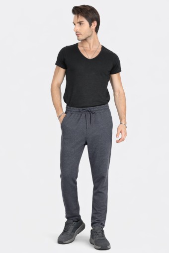 POGI - Pogi Erkek Tek Alt Eşofman Arka Fermuarlı Cepli Pamuklu Düz Paça - Füme